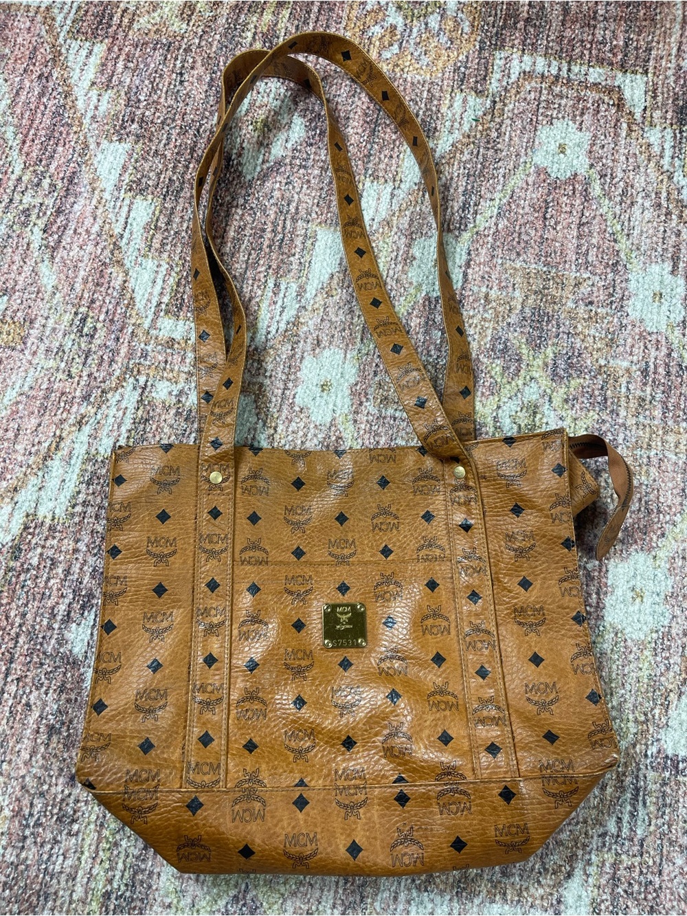 MCM Vintage Visetos Cognac Monogram Large Shopper Tote Bag Tan Leather